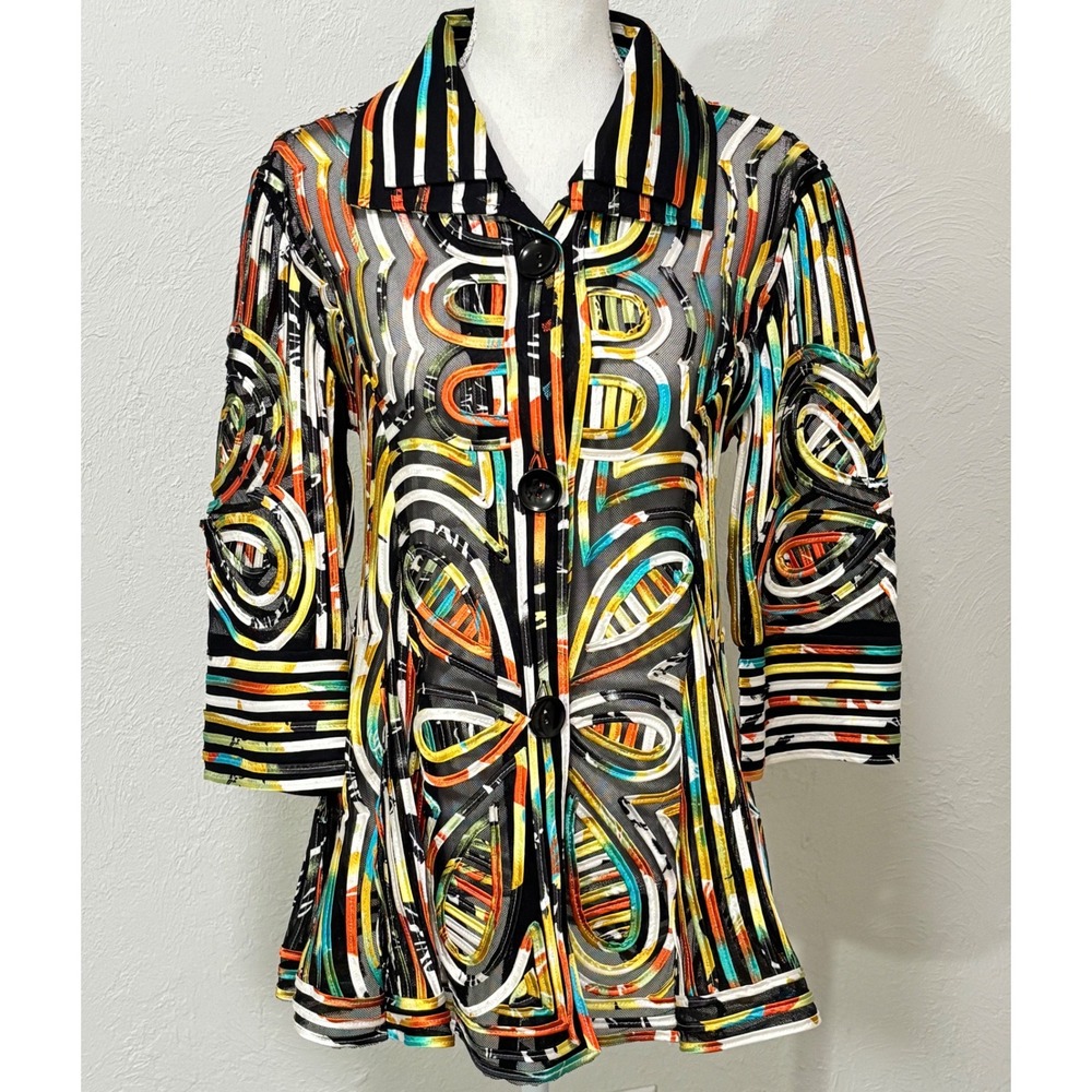 Art to Wear Ribbon Mesh Jacket Women Small Multicolor Abstract Sheer Button Up